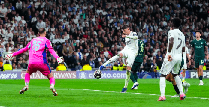 Real Madrid Midfielder Federico Valverde scores goalagainst Manchester City, during UEFA Champions League match. Real Madrid Midfielder Federico Valverde scores goalagainst Manchester City, during UEFA Champions League match.