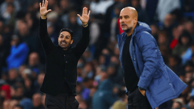 Arsenal manager Mikel Arteta (L) with Manchester City manager, Pep Guardiola. Arsenal manager Mikel Arteta (L) with Manchester City manager, Pep Guardiola.