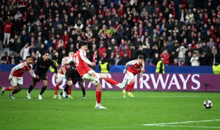 Arsenal's Kai Havertz scores penalty against Bayer Leverkusen.