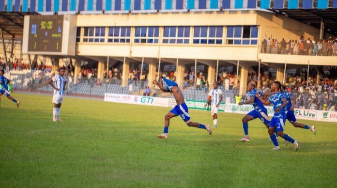 Shooting Stars' Qamar Adegoke celebrates winning goal against Rivers United, during Nigeria Premier Football League (NPFL) match.
