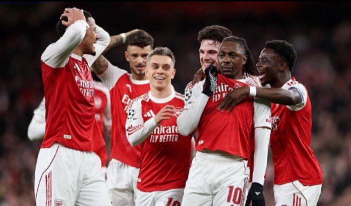 Arsenal's Eberechi Eze celebrates goal against Bayer Leverkusen, during UEFA Champions League match at the Emirates Stadium in London, England.