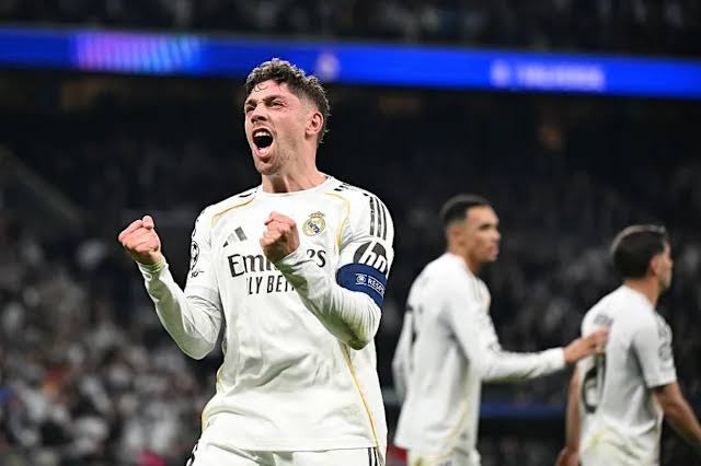 Real Madrid Midfielder Federico Valverde celebrates goal.