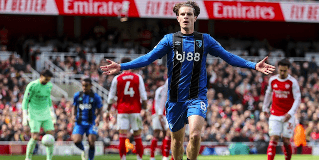 Bournemouth's Alex Scott celebrates winning goal against Arsenal, during Premier League match at the Emirates Stadium in London, England. Bournemouth's Alex Scott celebrates winning goal against Arsenal, during Premier League match at the Emirates Stadium in London, England.