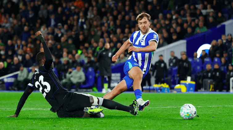 Brighton's Jack Hinshelwood scores goal against Chelsea.