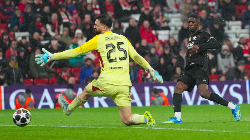 PSG forward Ousmane Dembele scores second goal against Liverpool.