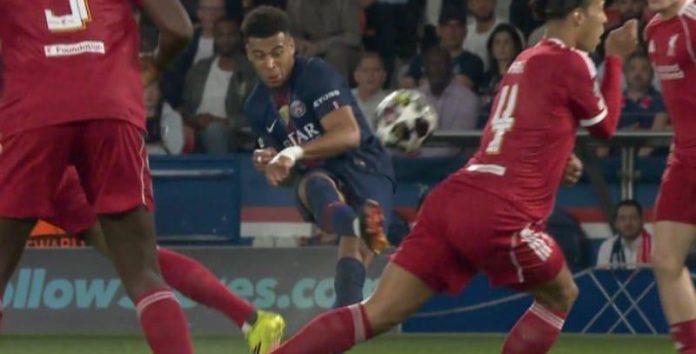 PSG forward Desire Doue scores goal against Liverpool, During UEFA Champions League match. PSG forward Desire Doue scores goal against Liverpool, During UEFA Champions League match.