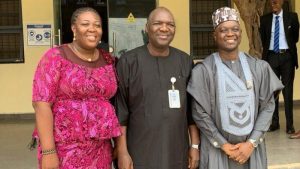 L-R: Mrs. Omolola Ola Awakan, OOU Alumna; OOU Vice-Chancellor, Ayodeji Agboola; Dr Ola Awakan, DG, NTDA.
