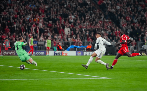 Real Madrid foreward Kylian Mbappe scores goal.