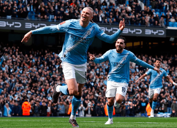Norwegian striker Erling Haaland scores as Manchester City beat Liverpool 4-0 in the FA Cup semi-finals, at ​the Etihad Stadium in Manchester, England.