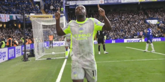 Manchester City's Jeremy Doku celebrates goal.