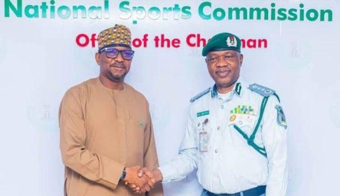 The chairman of the National Sports Commission (NCS), Shehu Dikko (L), with the Comptroller-General of the Nigeria Customs Service, Wale Adeniyi (R). The chairman of the National Sports Commission (NCS), Shehu Dikko (L), with the Comptroller-General of the Nigeria Customs Service, Wale Adeniyi (R).