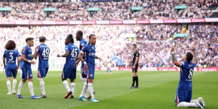 Argentine midfielder Enzo Fernandez celebrates goal against Leeds United, during FA Cup semi-final at Wembley.