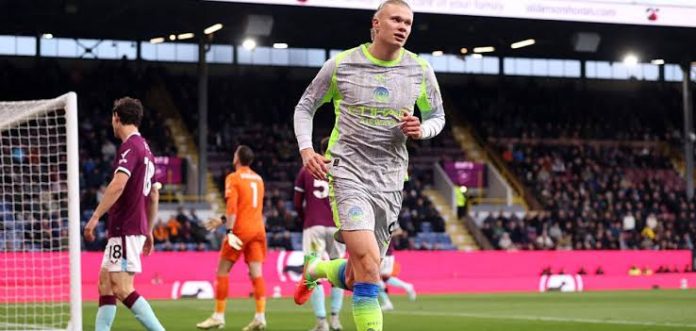 Manchester City striker, Erling Haaland, celebrates goal against Burnley during Premier League match.