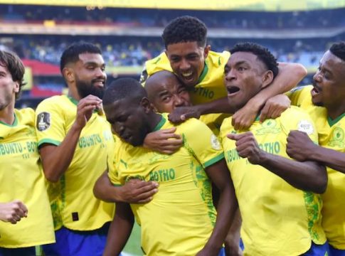 Mamelodi Sundowns' Aubrey Modiba celebrates goal with teammates, during CAF Champions League first-leg final against AS FAR, at the Loftus Versfeld Stadium in Pretoria, South Africa.