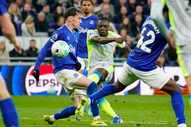 Manchester City winger, Jeremy Doku, scores first goal against Everton.
