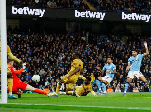 Egyptian International Omar Marmoush scores goal for Manchester City during Premier League match against Crystal Palace, at the Etihad Stadium in Manchester, England.