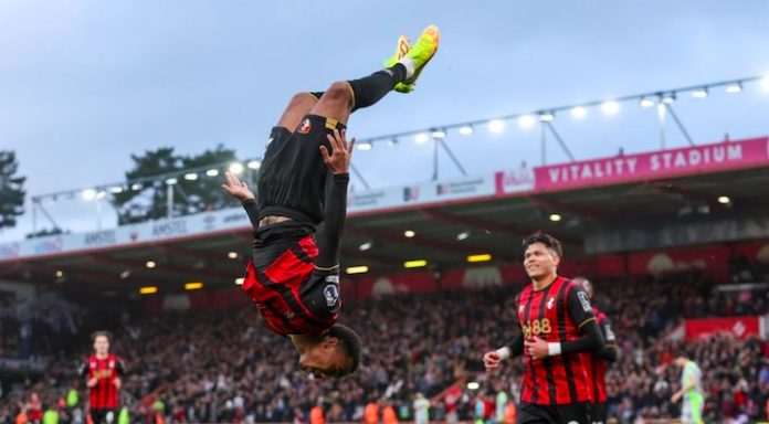 Bournemouth forward Eli Junior Kroupi celebrates goal against Manchester City during Premier League match at the Vitality Stadium.