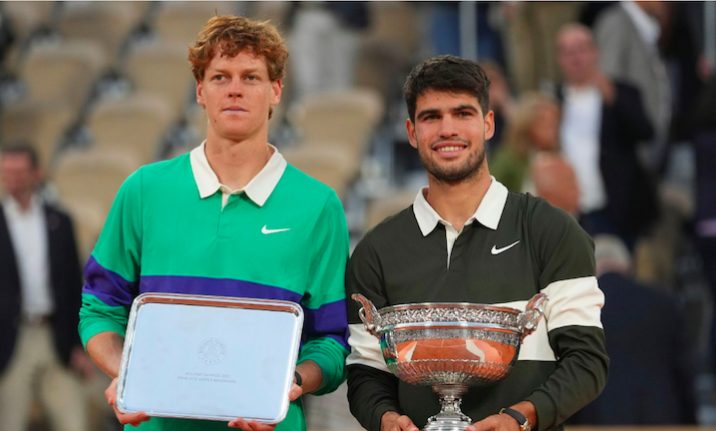 Jannik Sinner (L) with Carlos Alcaraz (R) at the 2025 French Open final.