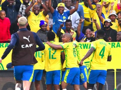 Mamelodi Sundowns' Aubrey Modiba celebrates goal with teammates, during CAF Champions League first-leg final against AS FAR, at the Loftus Versfeld Stadium in Pretoria, South Africa.