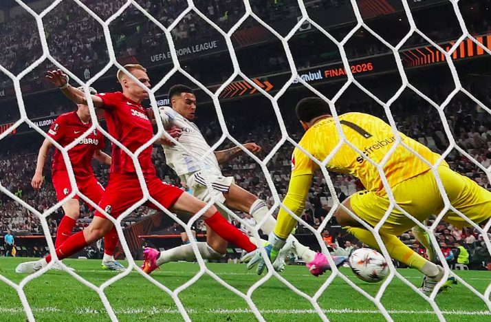 Aston Villa's Morgan Rogers scores.