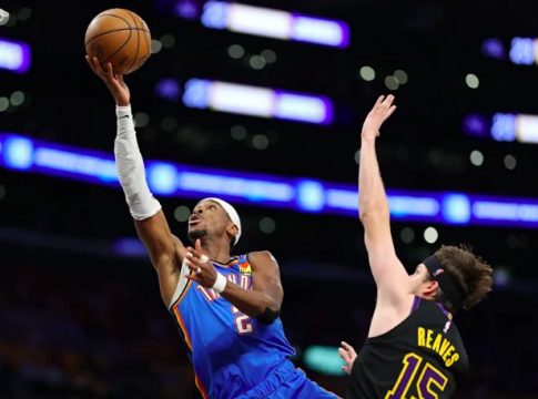 Oklahoma City Thunder’s Shai Gilgeous-Alexander drives to the basket during NBA Western Conference semi-finals against the Los Angeles Lakers.