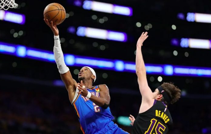 Oklahoma City Thunder’s Shai Gilgeous-Alexander drives to the basket during NBA Western Conference semi-finals against the Los Angeles Lakers.
