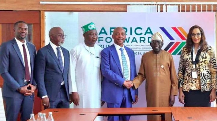 Nigerian President, Bola Ahmed Tinubu, GCFR, shakes hands with CAF President, Dr Patrice Motsepe, at the Africa Forward Summit in Nairobi, Kenya.