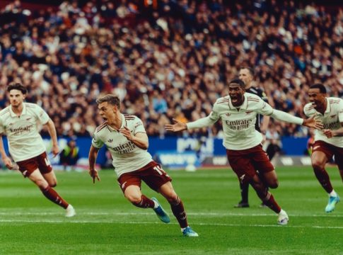 Arsenal forward Leandro Trossard celebrates winning goal against West Ham, during Premier League match at the London Stadium.