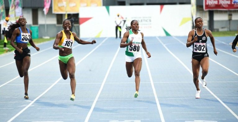 Team Nigeria's Rosemary Chukwuma in action during 4×100m relay event, at the African Senior Athletics Championships in Accra, Ghana.