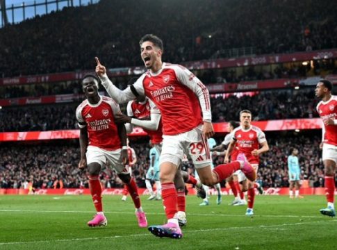 Arsenal's Kai Havertz scores header against Burnley, during Premier League match at the Emirates Stadium in London, England.