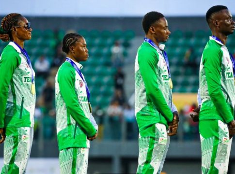 Nigeria’s Mixed 4x400m Relay quartet of Ezekiel Asuquo, Toheebat Jimoh, Victor Sampson and Patience Okon-George on the podium at the African Senior Athletics Championships in Ghana.