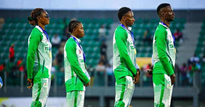 Nigeria’s Mixed 4x400m Relay quartet of Ezekiel Asuquo, Toheebat Jimoh, Victor Sampson and Patience Okon-George on the podium at the African Senior Athletics Championships in Ghana.