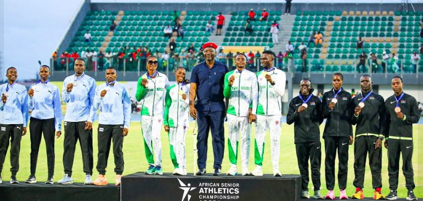 Nigeria’s Mixed 4x400m Relay quartet of Ezekiel Asuquo, Toheebat Jimoh, Victor Sampson and Patience Okon-George on the podium at the African Senior Athletics Championships in Ghana.