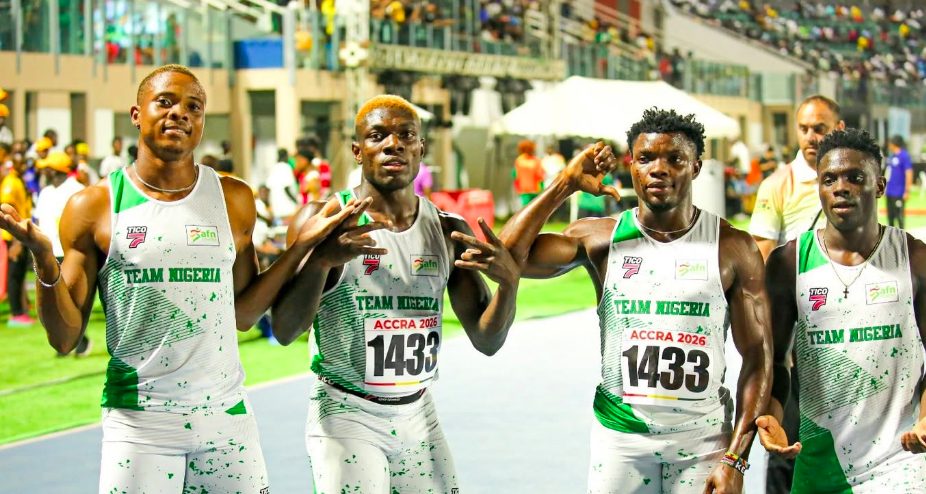Team Nigeria’s men’s 4x100m quartet of Favour Ashe, James Taiwo Emmanuel, Tejiri Godwin & Chidera Ezeakor 