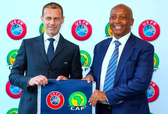 UEFA president, Aleksander Čeferin (L) with CAF president, Dr Patrice Motsepe (R).