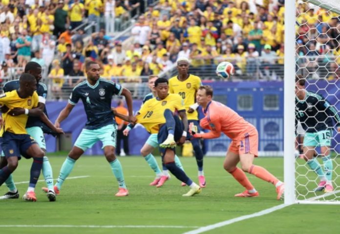 Ecuador's Gonzalo Plata scores goal against Germany, during 2026 FIFA World Cup match.