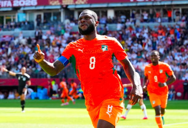 Cote d'Ivoire midfielder Frank Kessie celebrates goal.