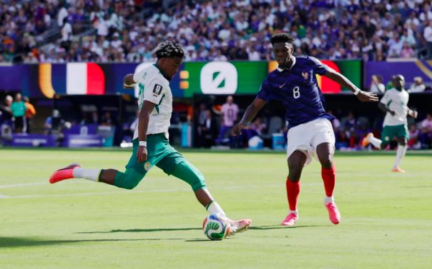 Senegalese teenager Ibrahim Mbaye scores against France.