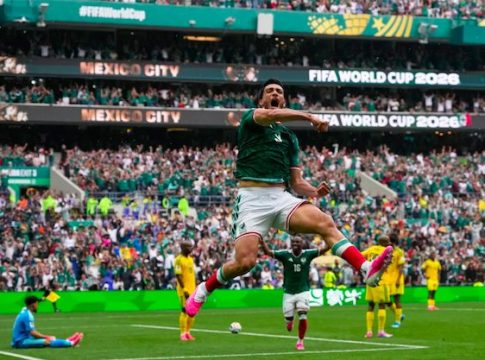 Mexico's Raul Jimenez celebrates goal against South Africa during 2026 FIFA World Cup opener.