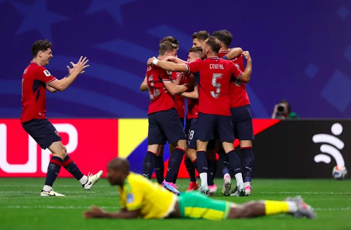 Czech Republic's Michal Sadilek celebrates with teammates