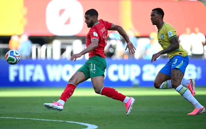 Morocco's Ismael Saibari scores goal against Brazil.
