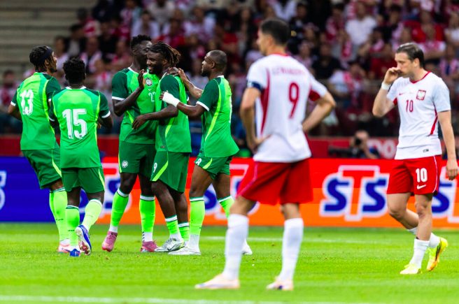 Super Eagles striker Terem Moffi celebrates goal.