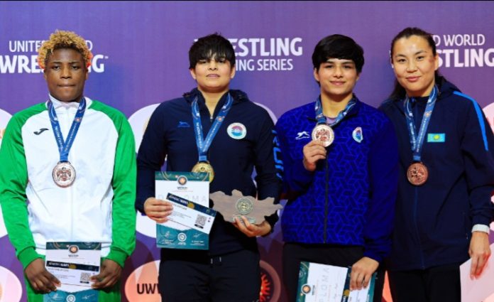 Team Nigeria's Hannah Ojo (L) won a silver medal at the 2026 United World Wrestling 3rd Ranking Series in Ulaanbaatar, Mongolia.