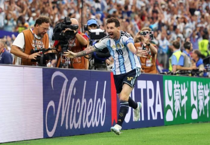 Argentina's Lionel Messi celebrates goal against Austria.