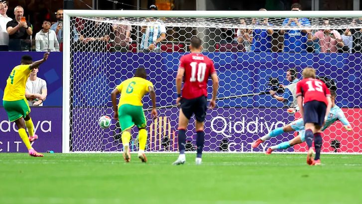 South Africa's Teboho Mokoena scores penalty.