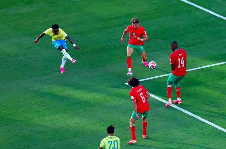 Brazil forward Vinicius Junior scores goal against Morocco.