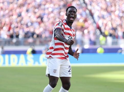 USA striker Folarin Balogun celebrates goal against Bosnia & Herzegovina.