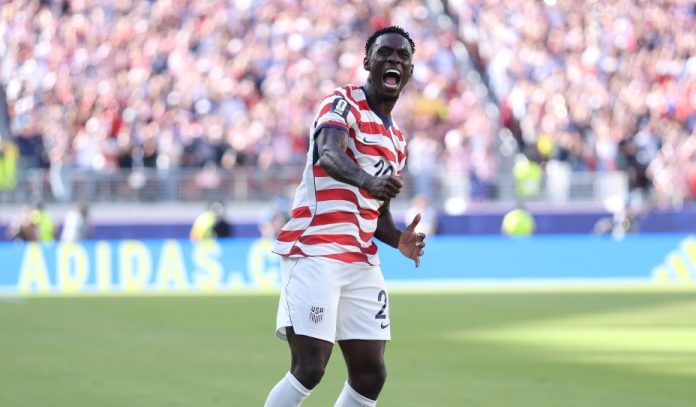 USA striker Folarin Balogun celebrates goal against Bosnia & Herzegovina.