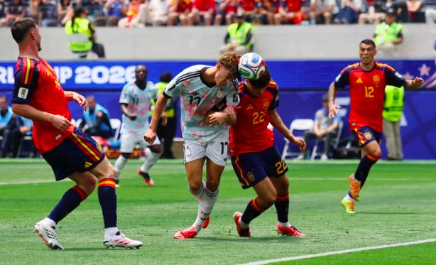Belgium's Charles De Ketelaere scores header against Spain