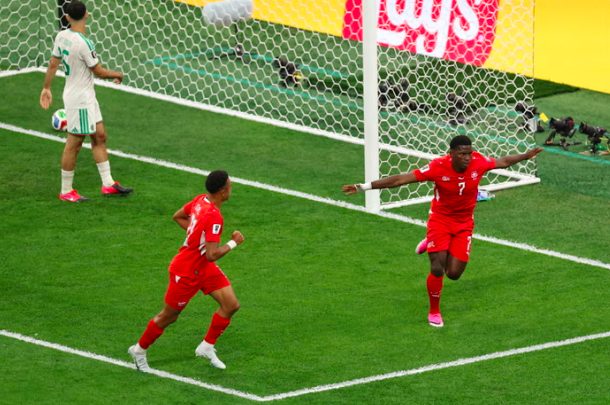 Breel Embolo celebrates goal for Switzerland.